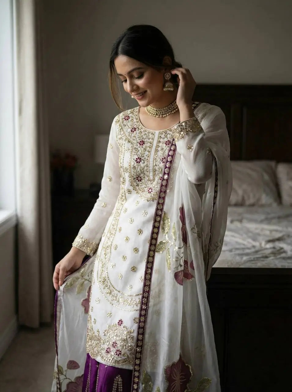 Pure Fendy Silk Embroidered Sharara Suit for Festive and Wedding Occasions