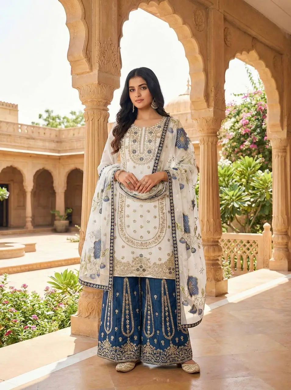 Pure Fendy Silk Embroidered Sharara Suit for Festive and Wedding Occasions