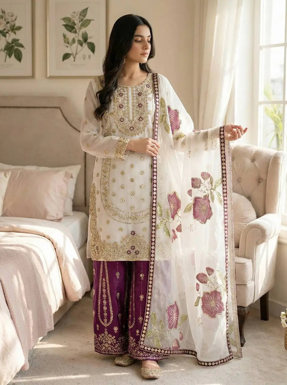 Pure Fendy Silk Embroidered Sharara Suit for Festive and Wedding Occasions