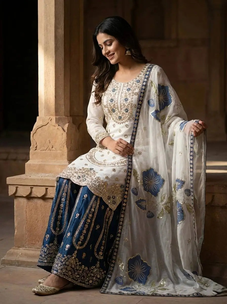 Pure Fendy Silk Embroidered Sharara Suit for Festive and Wedding Occasions