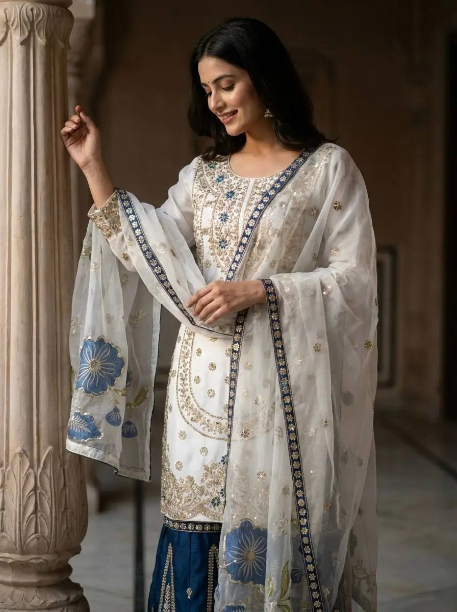 Pure Fendy Silk Embroidered Sharara Suit for Festive and Wedding Occasions