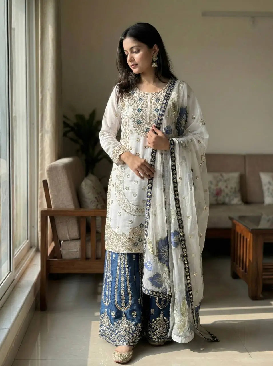Pure Fendy Silk Embroidered Sharara Suit for Festive and Wedding Occasions