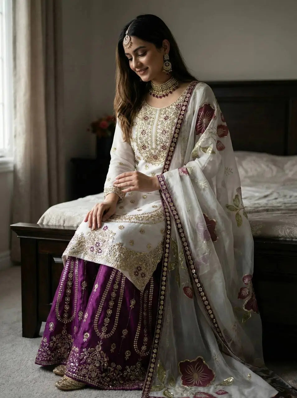 Pure Fendy Silk Embroidered Sharara Suit for Festive and Wedding Occasions