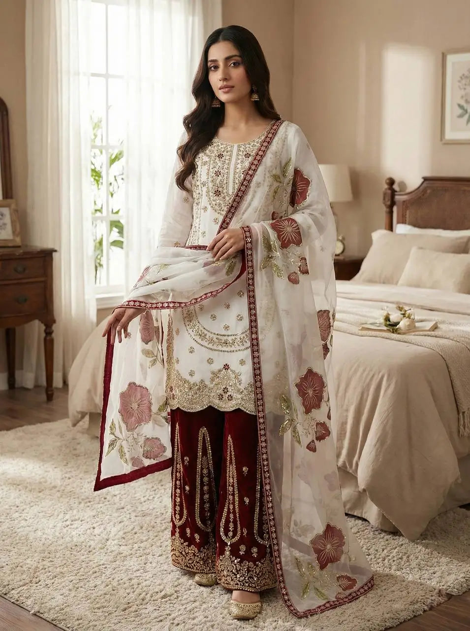 Pure Fendy Silk Embroidered Sharara Suit for Festive and Wedding Occasions