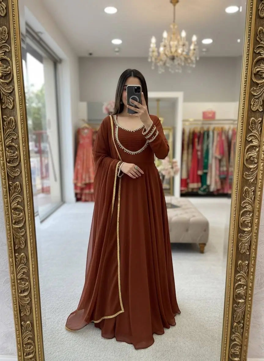 Pure Fox Georgette Anarkali Gown Set with Dupatta