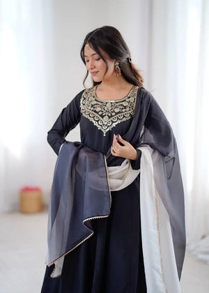 Pure French Crepe Embroidered Partywear Gown Set