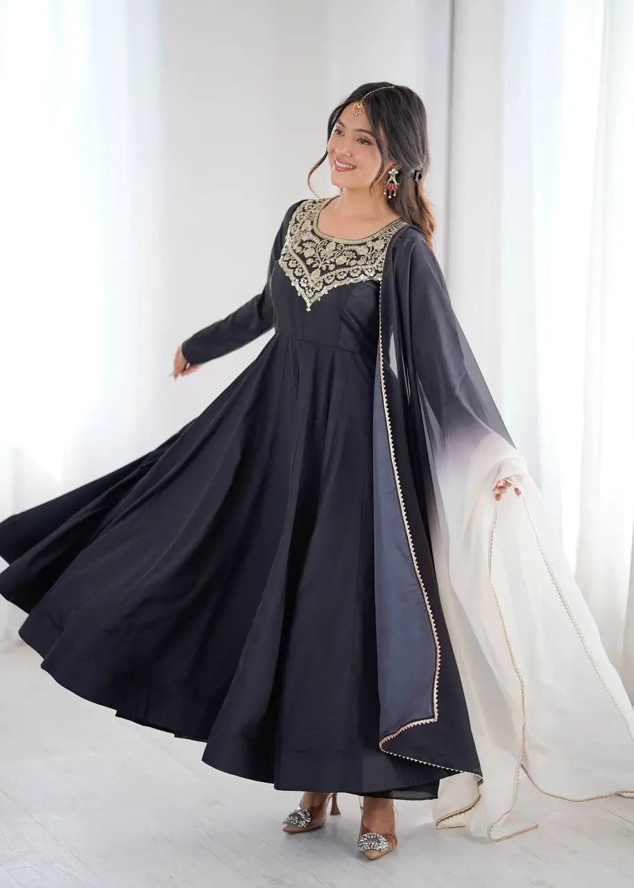 Pure French Crepe Embroidered Partywear Gown Set