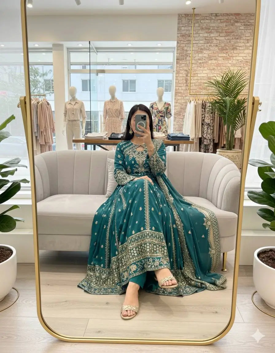 Pure Georgette Embroidered Anarkali Gown Set with Dupatta