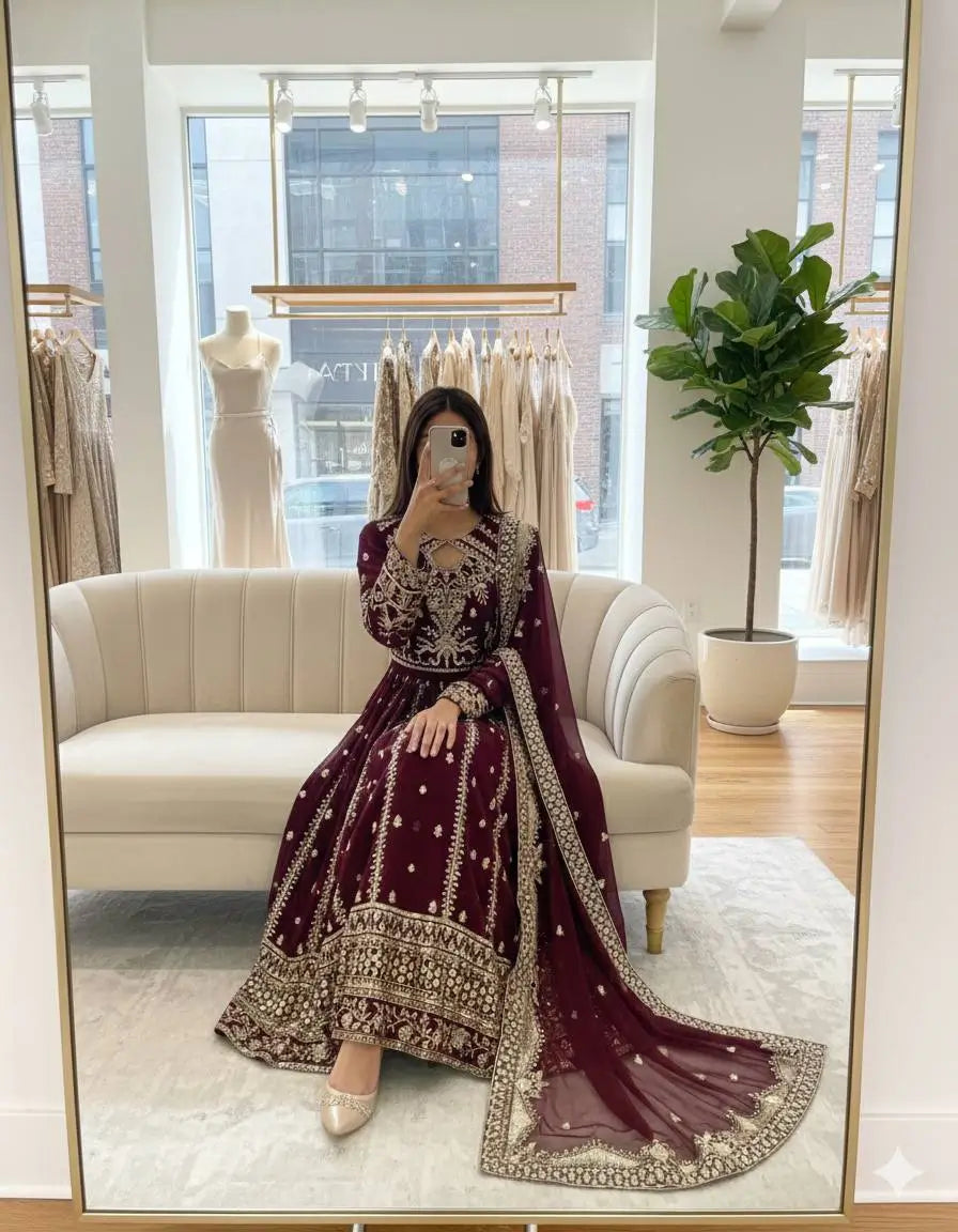 Pure Georgette Embroidered Anarkali Gown Set with Dupatta