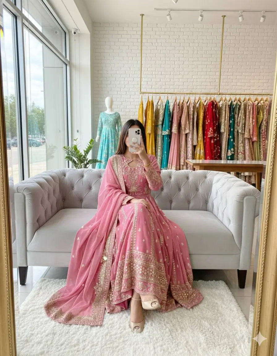 Pure Georgette Embroidered Anarkali Gown Set with Dupatta