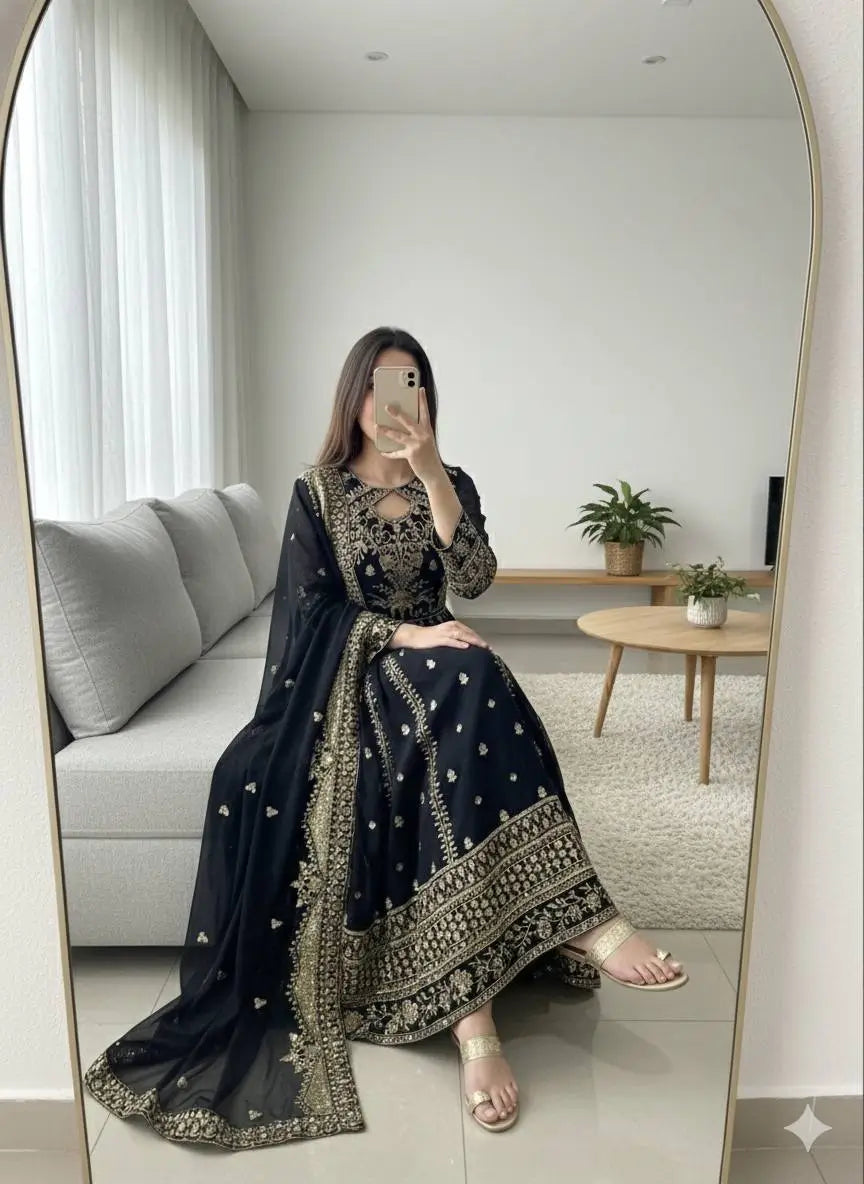 Pure Georgette Embroidered Anarkali Gown Set with Dupatta