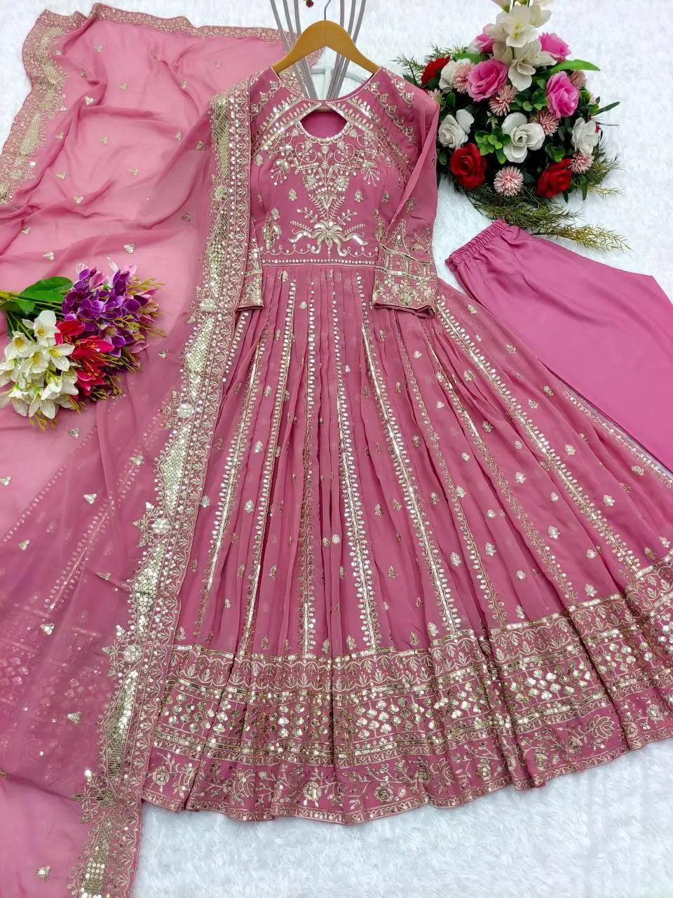 Pure Georgette Embroidered Anarkali Gown Set with Dupatta