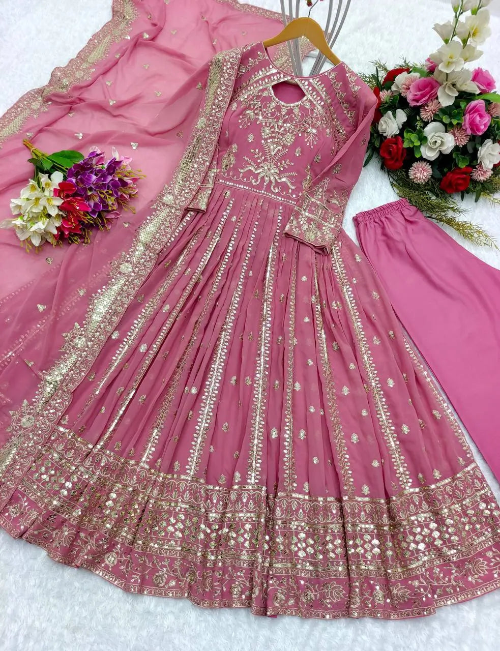 Pure Georgette Embroidered Anarkali Gown Set with Dupatta