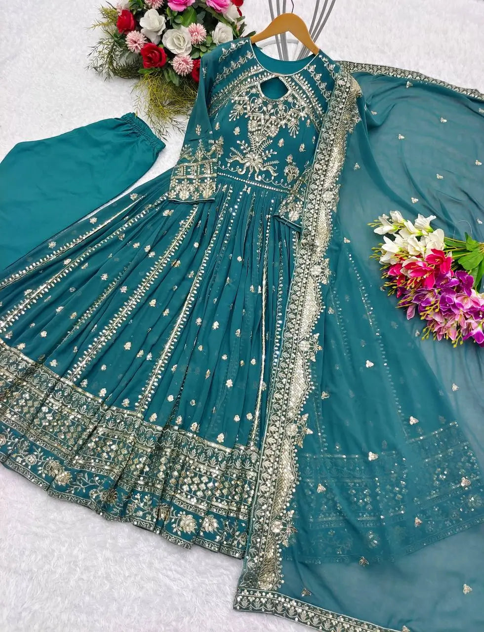 Pure Georgette Embroidered Anarkali Gown Set with Dupatta