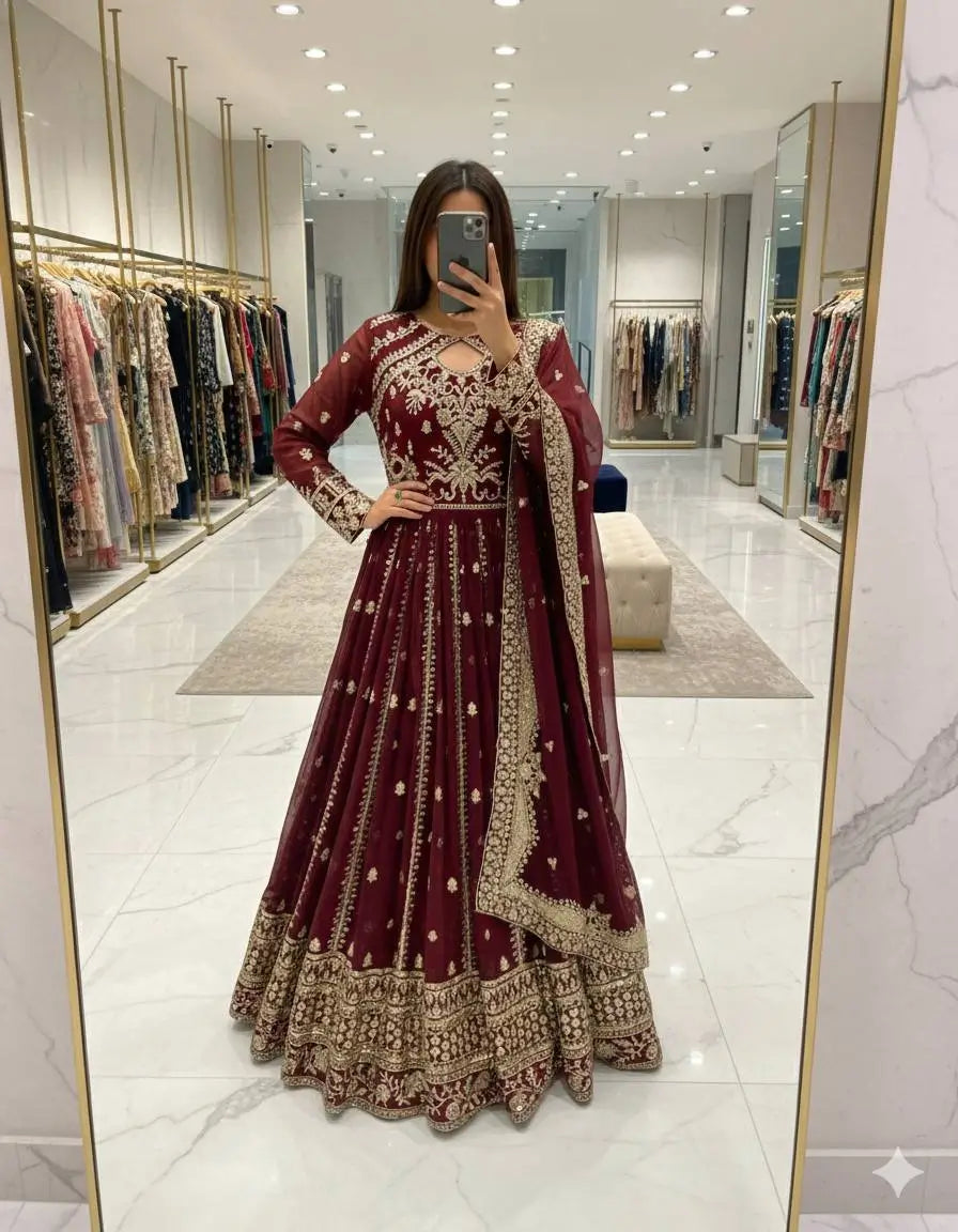 Pure Georgette Embroidered Anarkali Gown Set with Dupatta