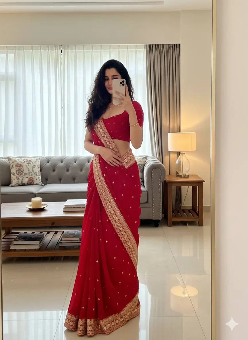 Pure Georgette Embroidered Saree With Designer Blouse