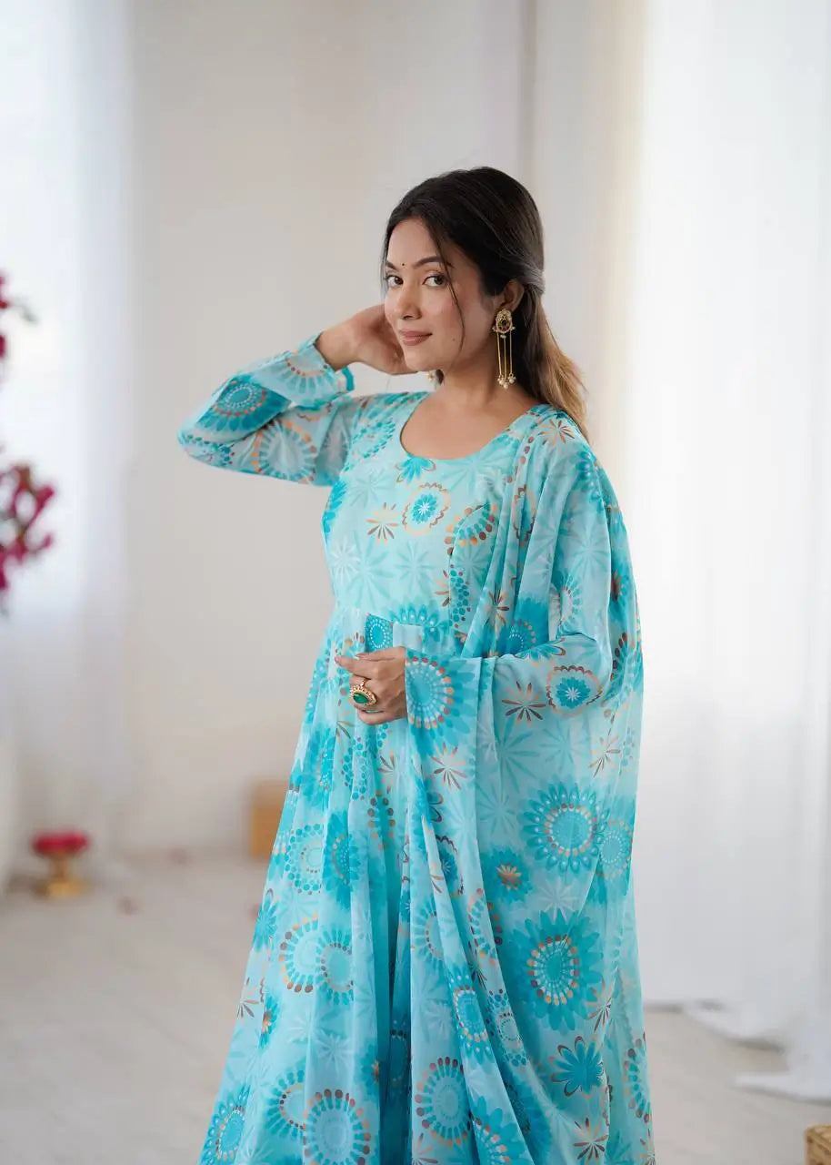 Pure Georgette Floral Print Partywear Gown Set