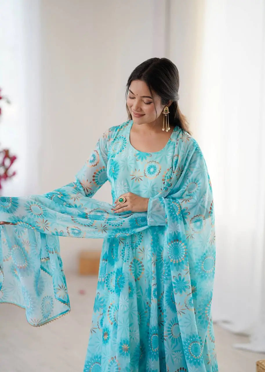 Pure Georgette Floral Print Partywear Gown Set