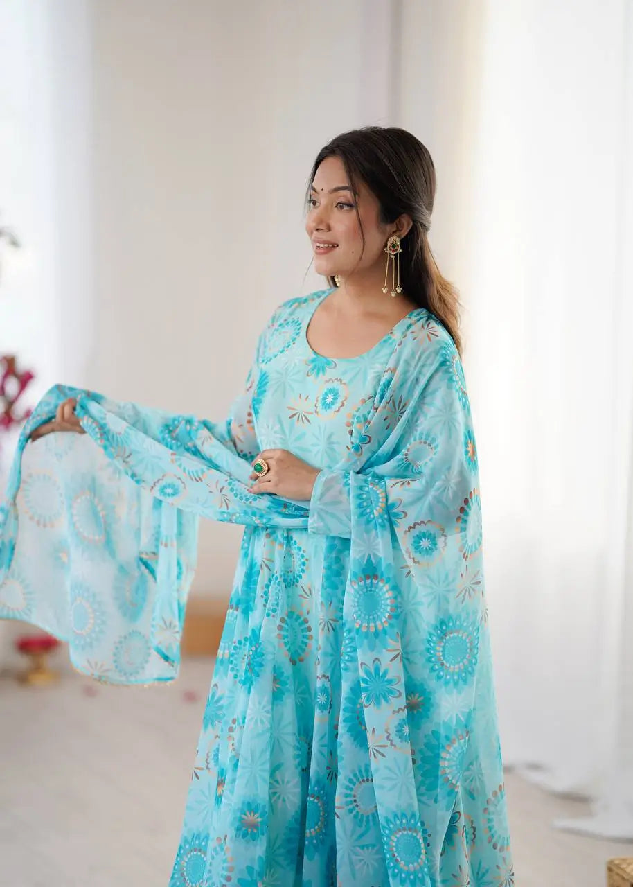 Pure Georgette Floral Print Partywear Gown Set