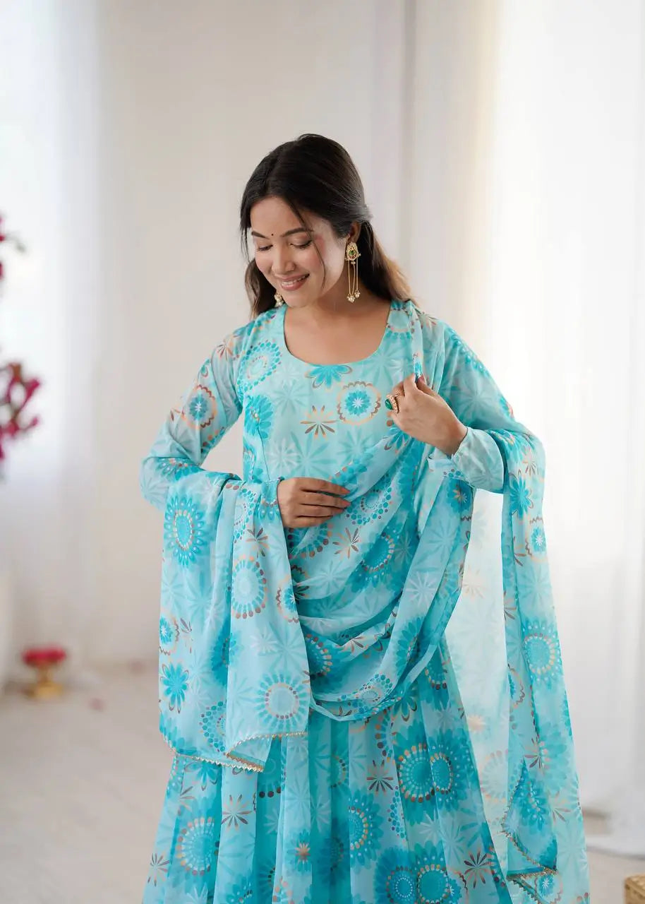 Pure Georgette Floral Print Partywear Gown Set