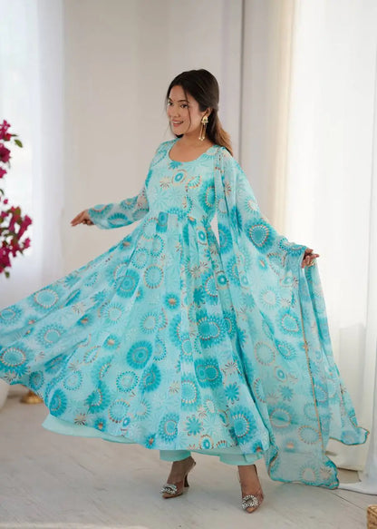 Pure Georgette Floral Print Partywear Gown Set