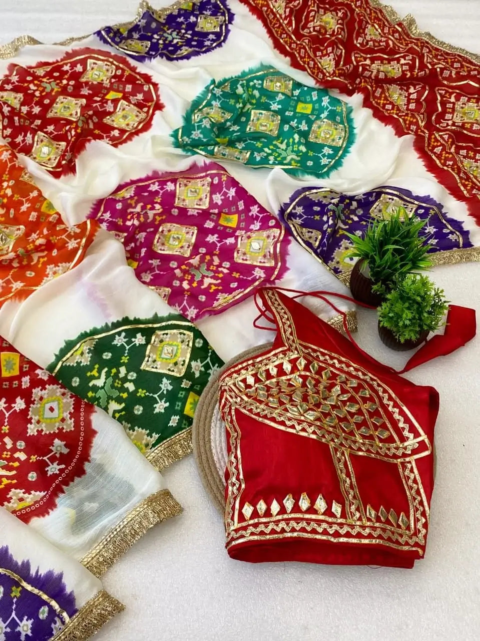Pure Moss Chiffon Bandhani Saree with Gota patti Handwork and Aangi Blouse