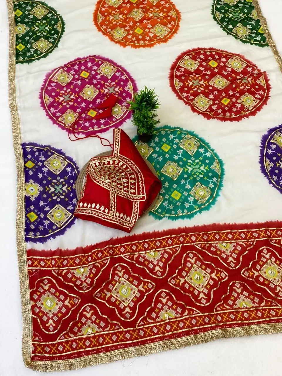 Pure Moss Chiffon Bandhani Saree with Gota patti Handwork and Aangi Blouse