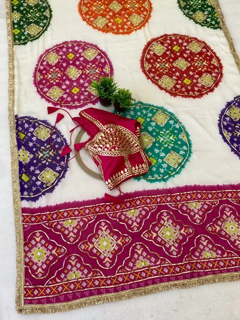Pure Moss Chiffon Bandhani Saree with Gota patti Handwork and Aangi Blouse