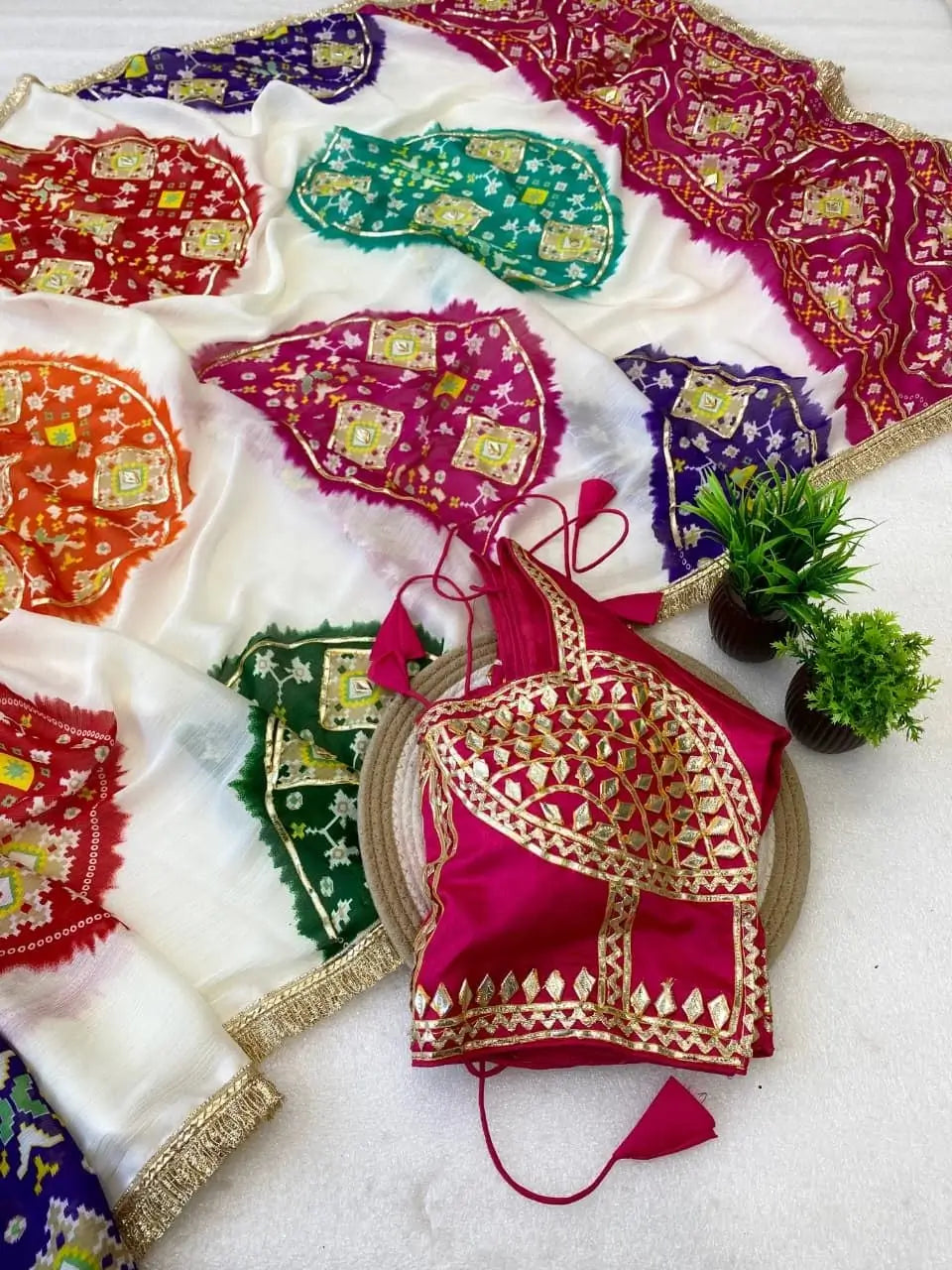 Pure Moss Chiffon Bandhani Saree with Gota patti Handwork and Aangi Blouse