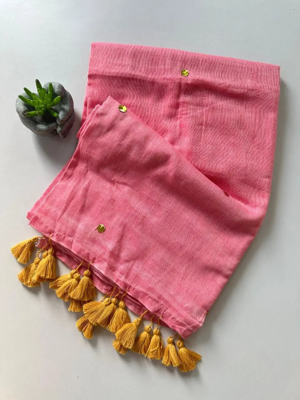 Pure Mull Cotton Saree With Gold Tassels