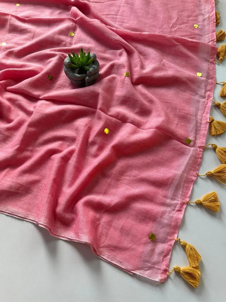 Pure Mull Cotton Saree With Gold Tassels