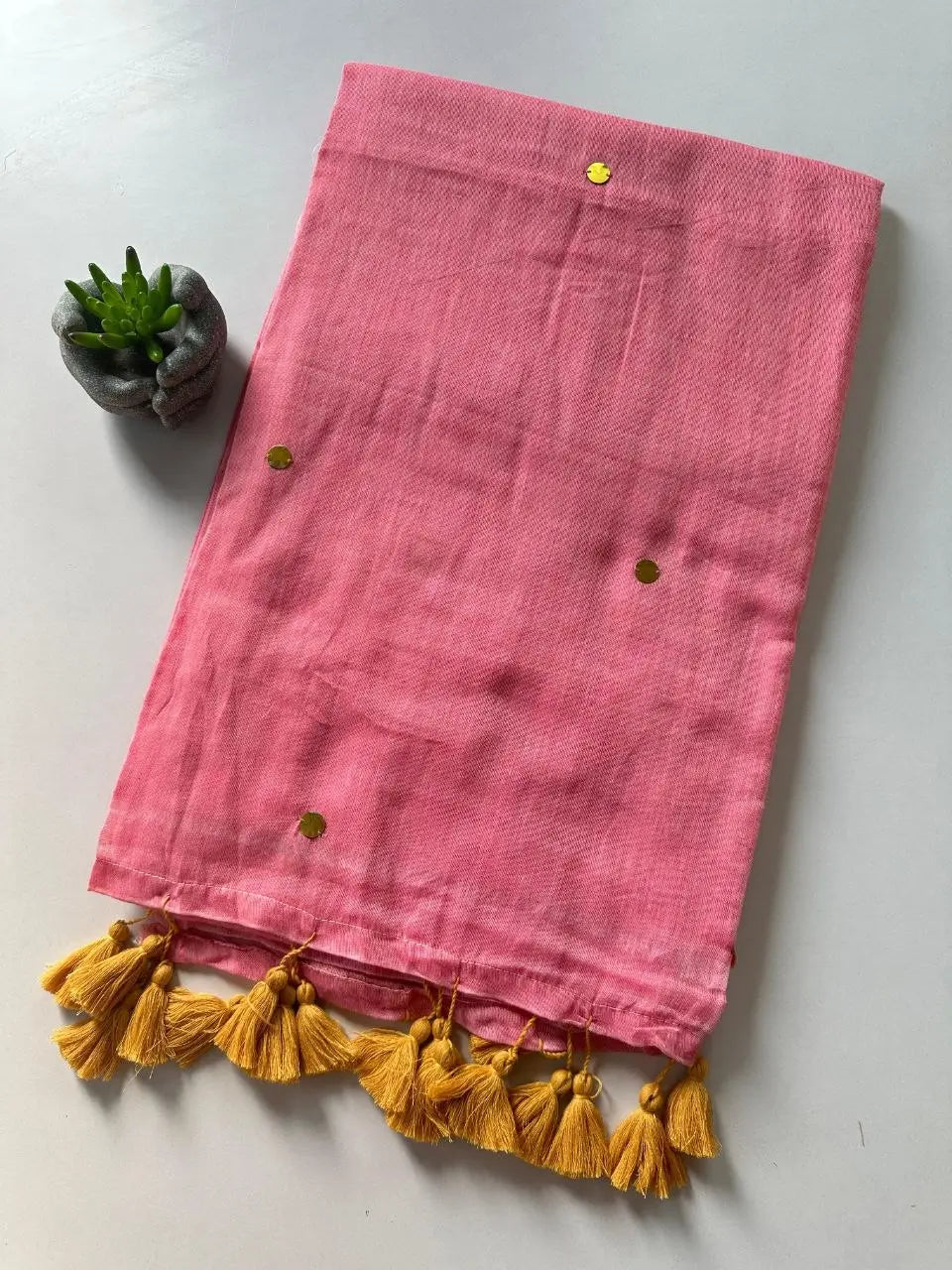 Pure Mull Cotton Saree With Gold Tassels