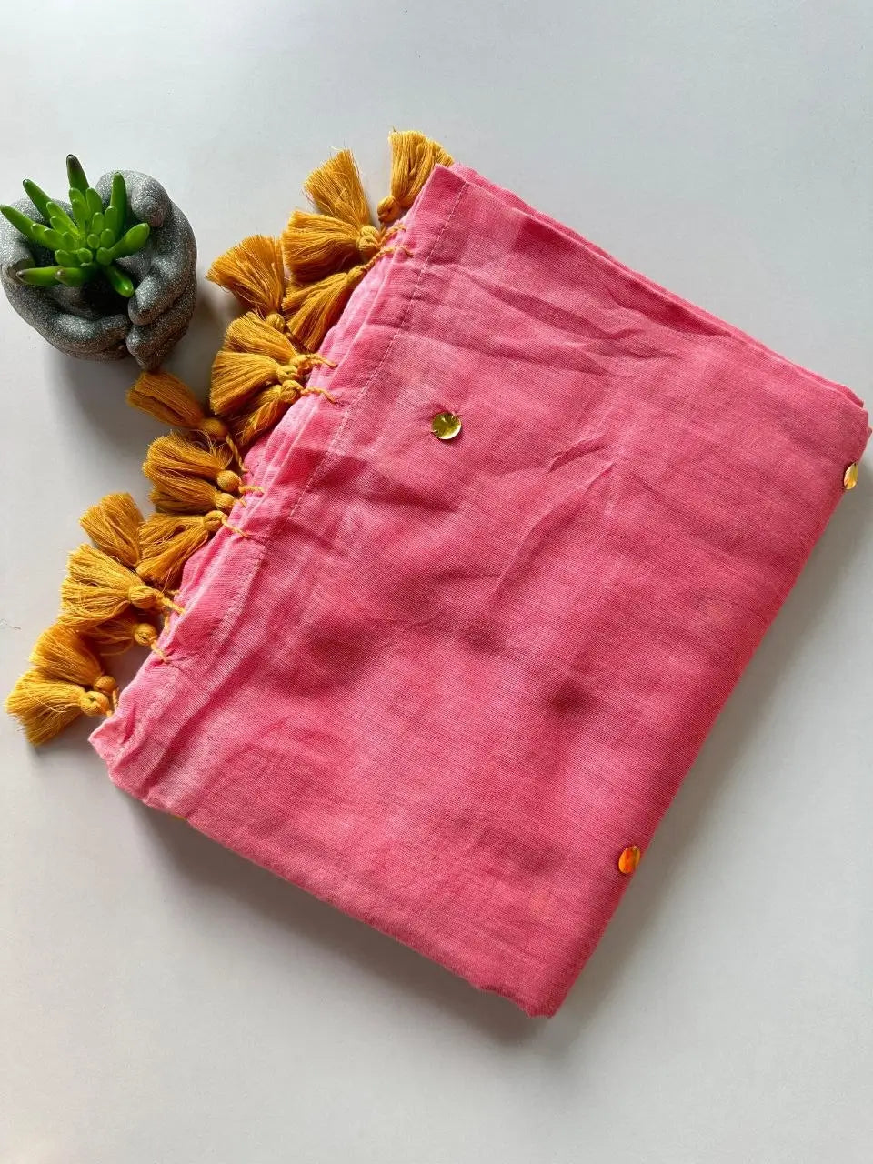 Pure Mull Cotton Saree With Gold Tassels