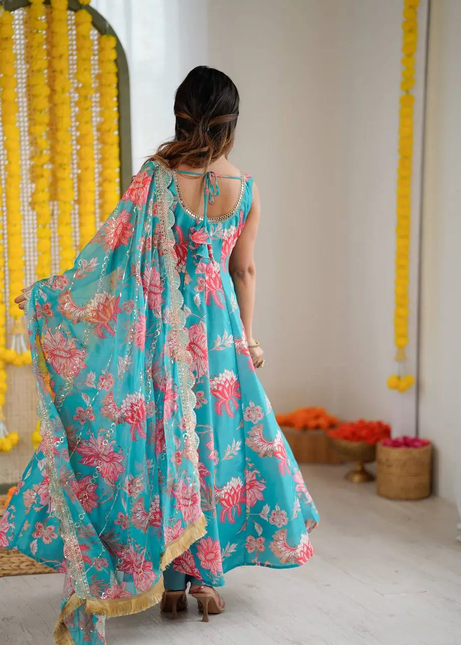 Pure Muslin Floral Print Partywear Gown Set