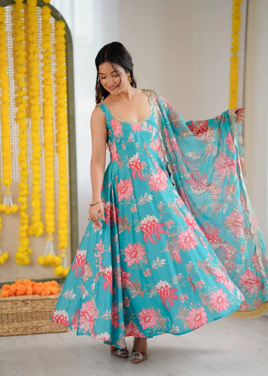Pure Muslin Floral Print Partywear Gown Set