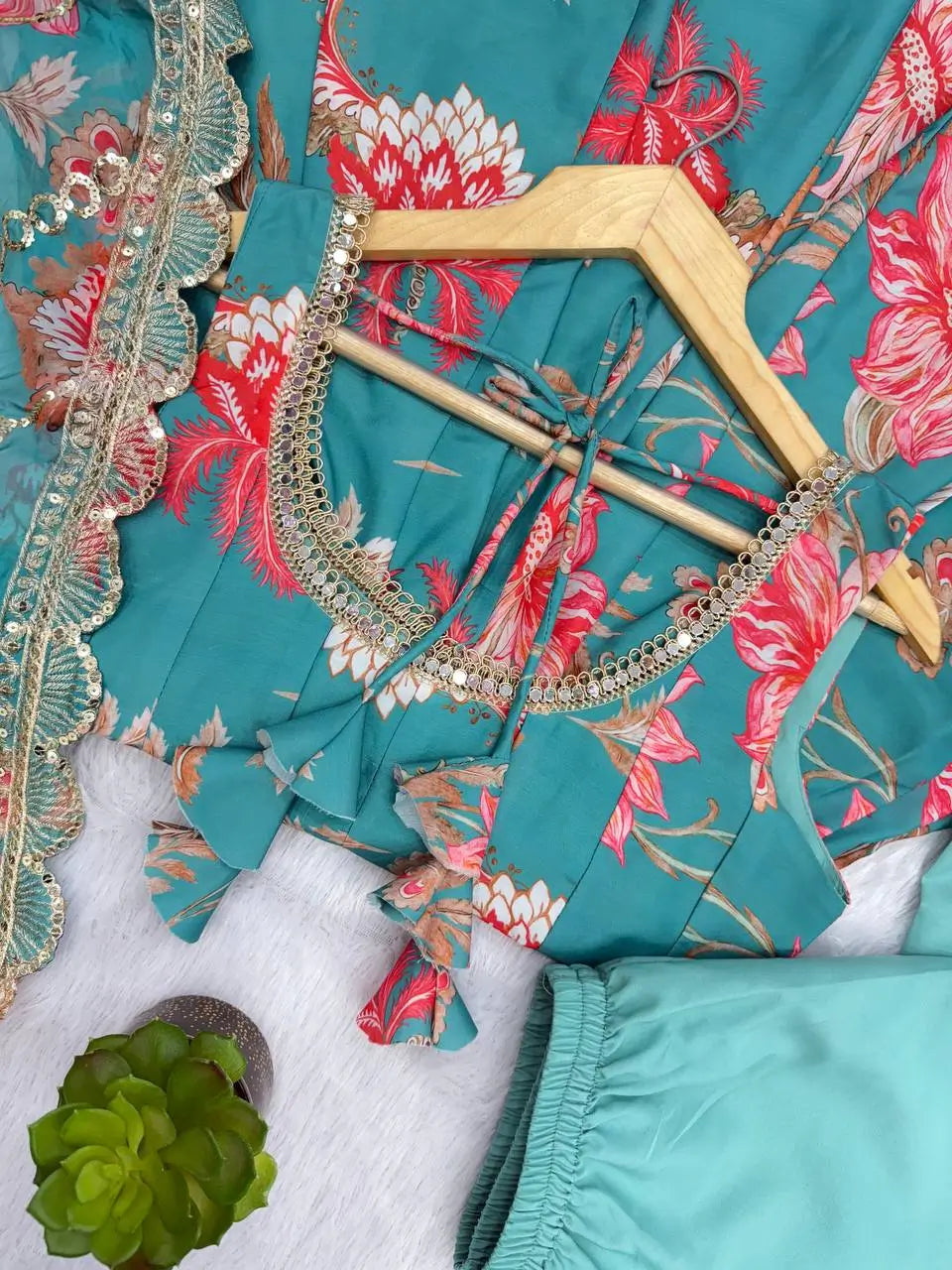 Pure Muslin Floral Print Partywear Gown Set