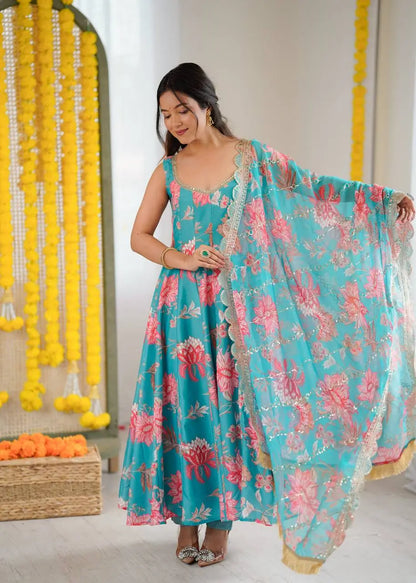 Pure Muslin Floral Print Partywear Gown Set
