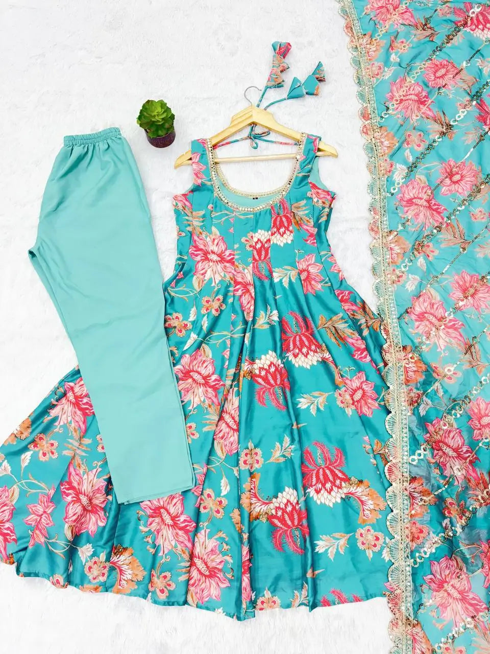 Pure Muslin Floral Print Partywear Gown Set