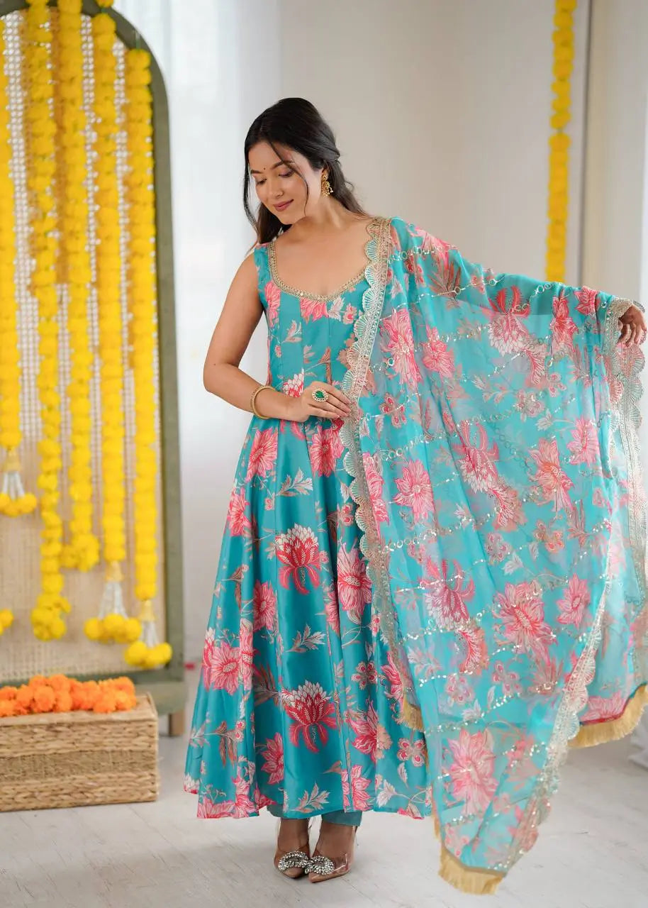 Pure Muslin Floral Print Partywear Gown Set