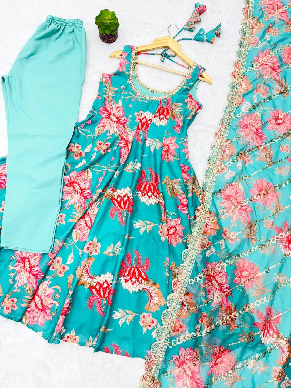 Pure Muslin Floral Print Partywear Gown Set