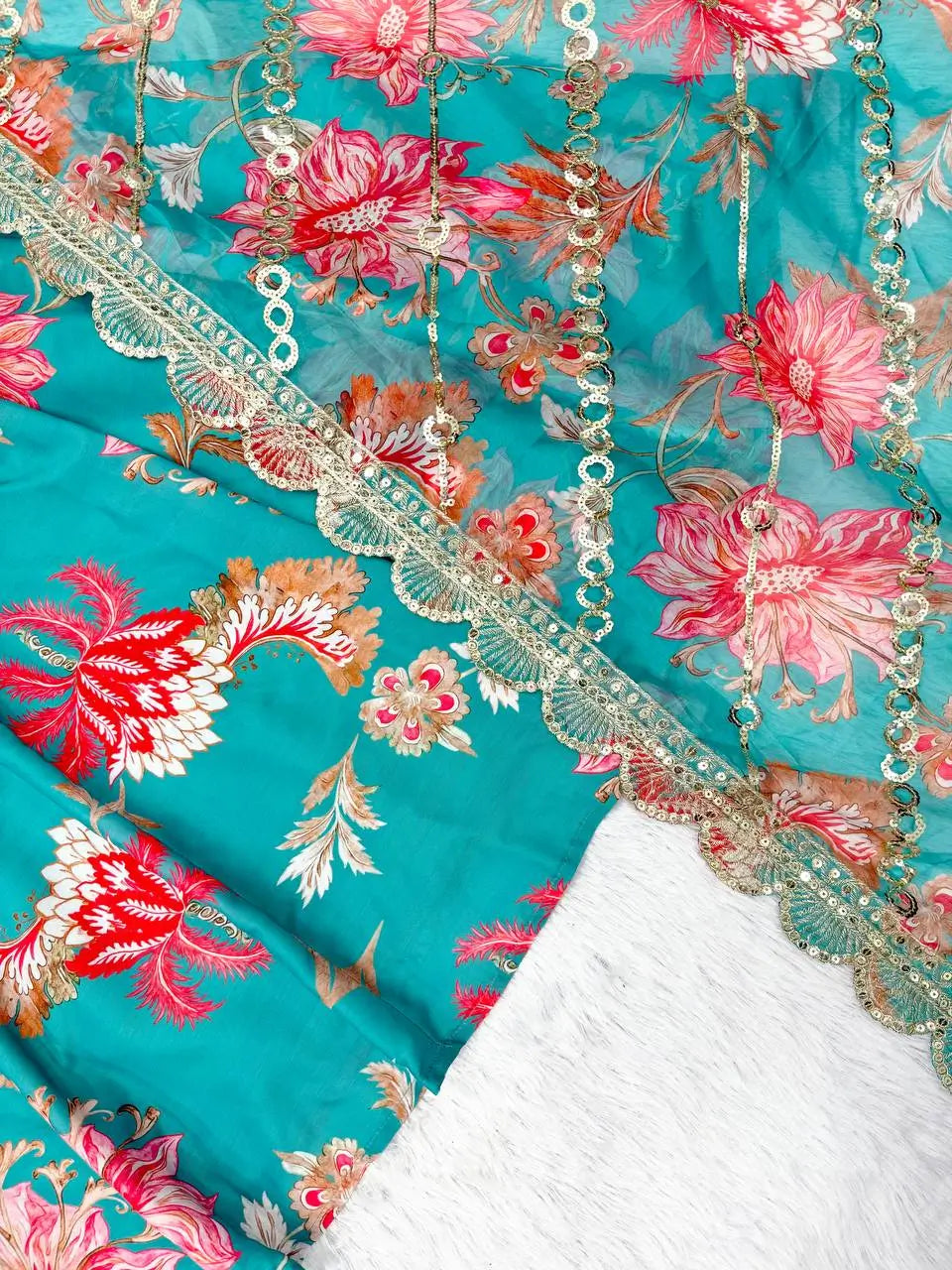 Pure Muslin Floral Print Partywear Gown Set