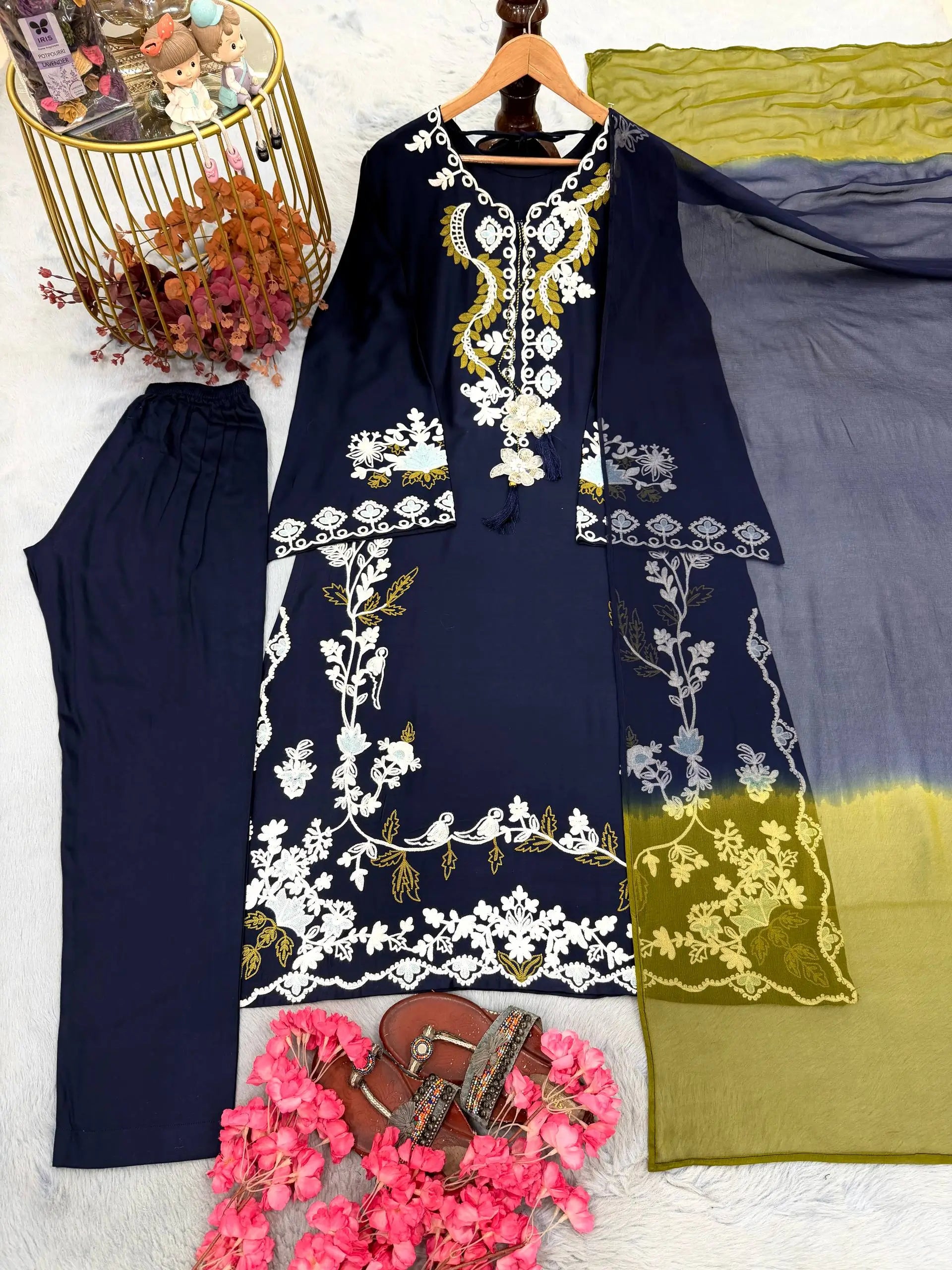 Pure Muslin Floral Print Partywear Gown Set
