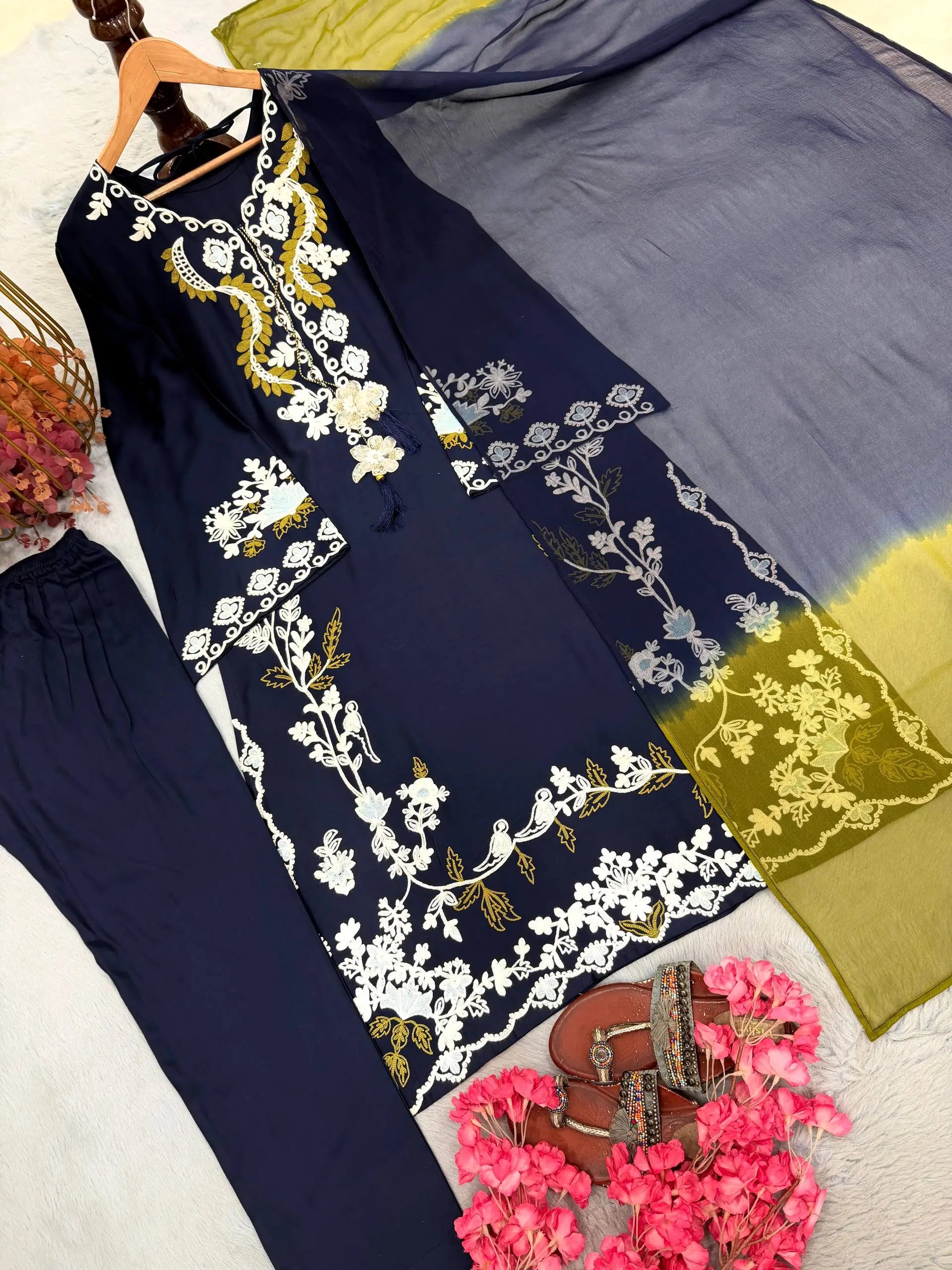 Pure Muslin Floral Print Partywear Gown Set