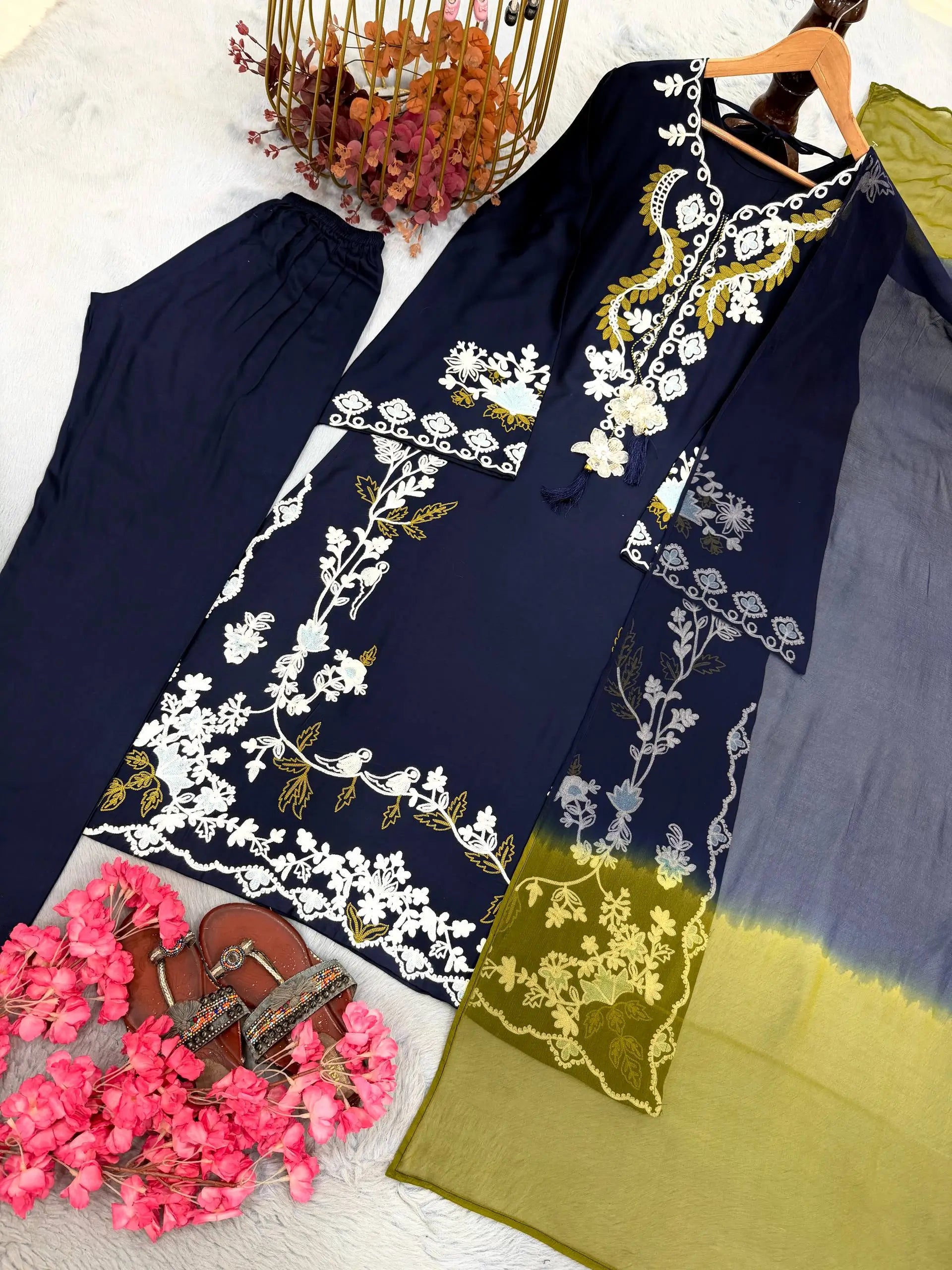 Pure Muslin Floral Print Partywear Gown Set