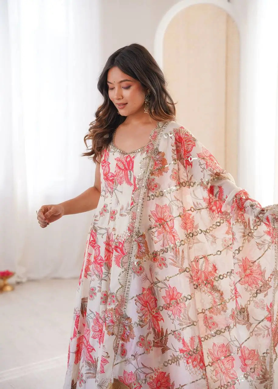 Pure Muslin Floral Print Partywear Gown Set