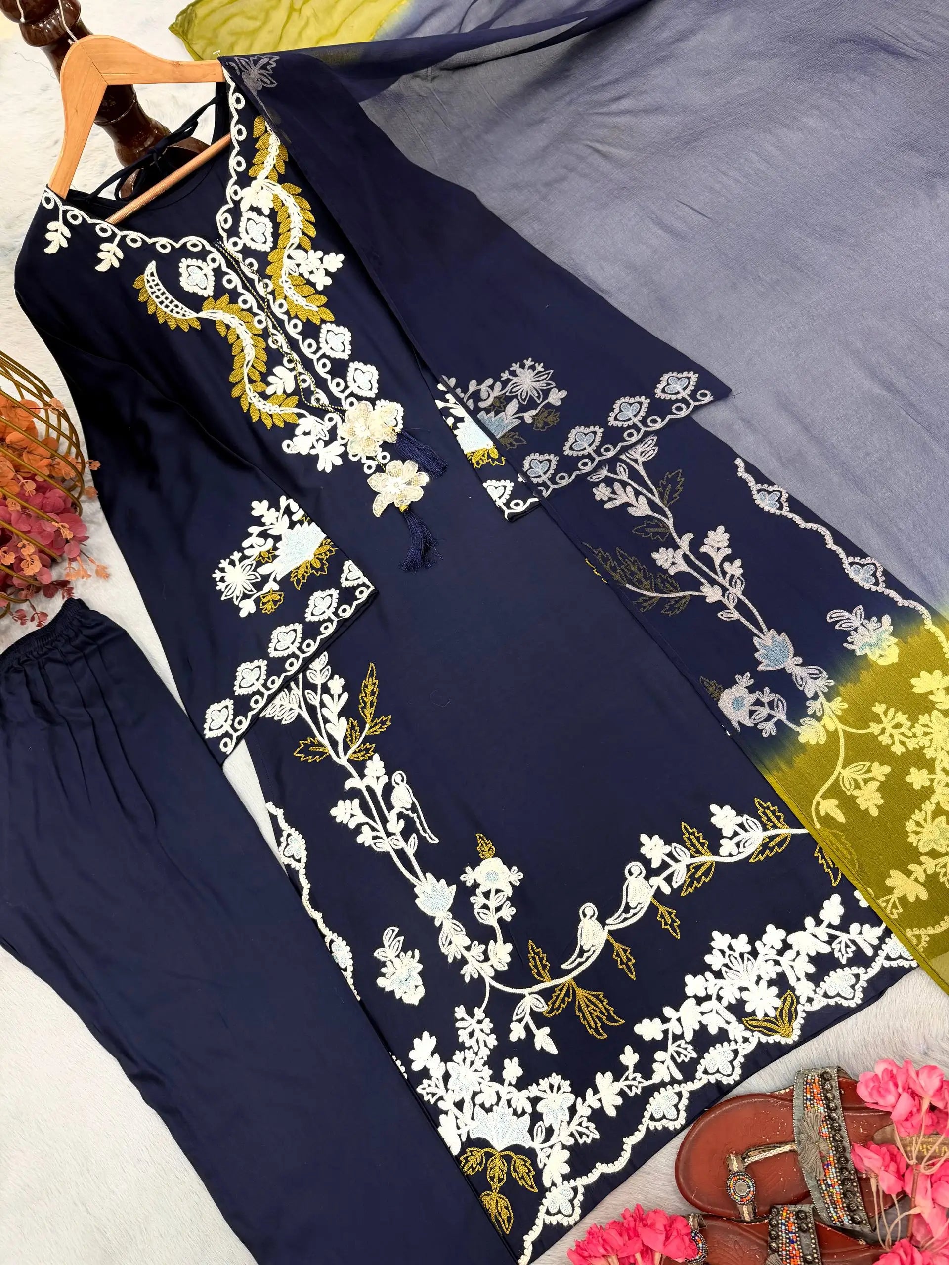 Pure Muslin Floral Print Partywear Gown Set