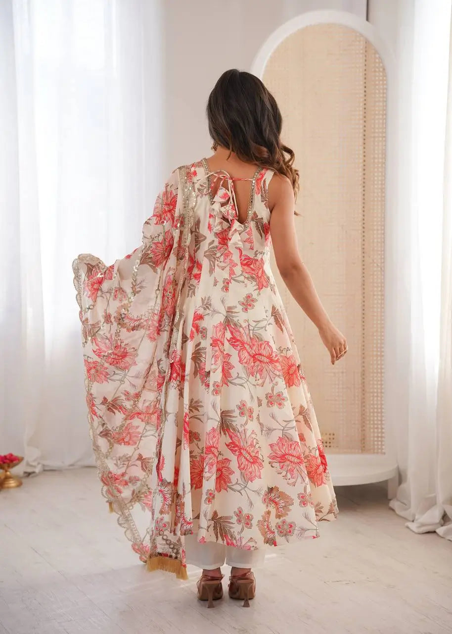 Pure Muslin Floral Print Partywear Gown Set