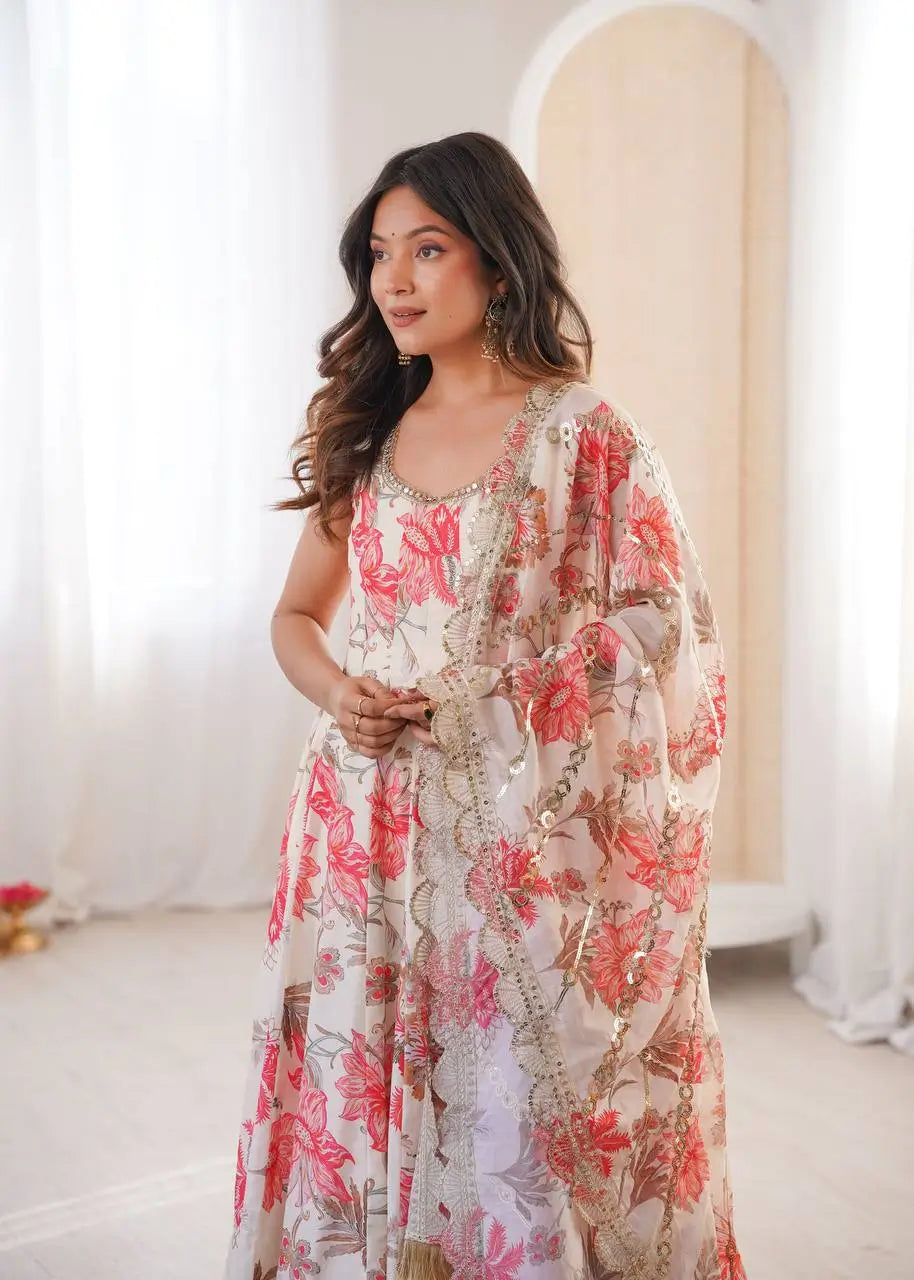 Pure Muslin Floral Print Partywear Gown Set