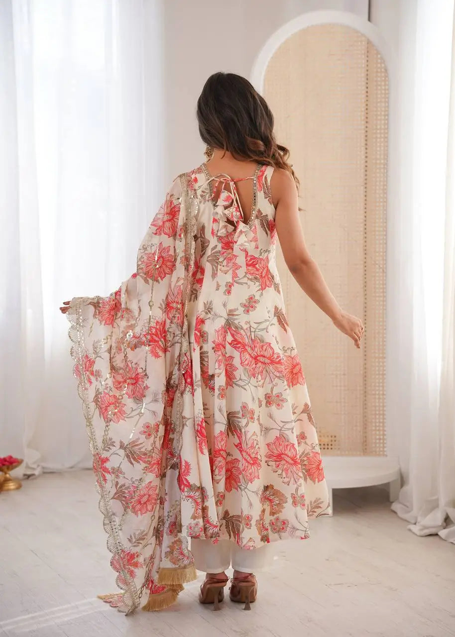 Pure Muslin Floral Print Partywear Gown Set