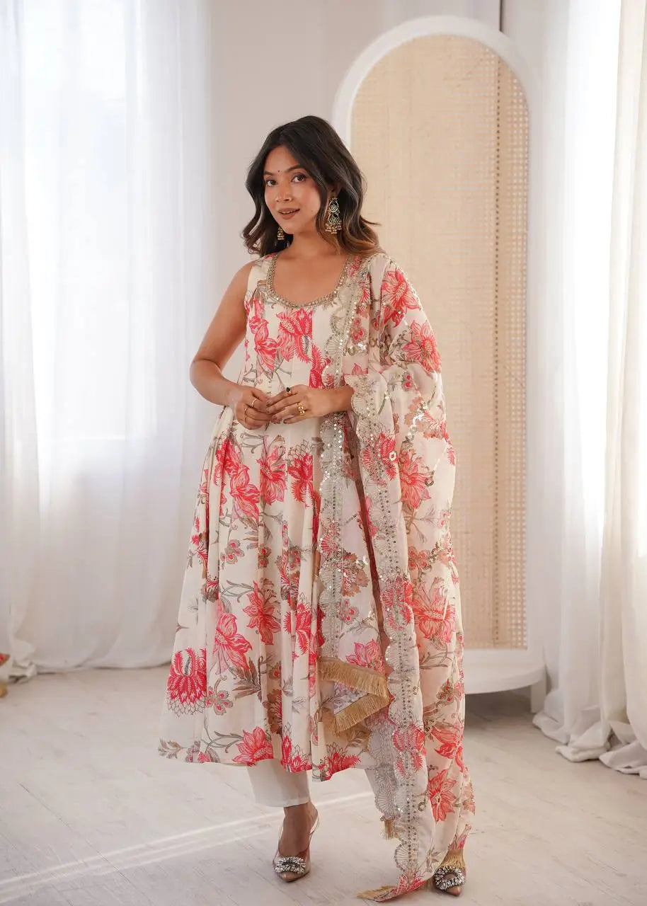 Pure Muslin Floral Print Partywear Gown Set